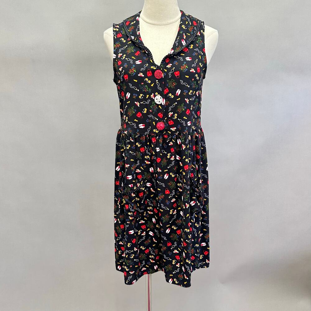 Clio vintage 90's fashion print sleeveless‎ smock 1/4 button dress size medium